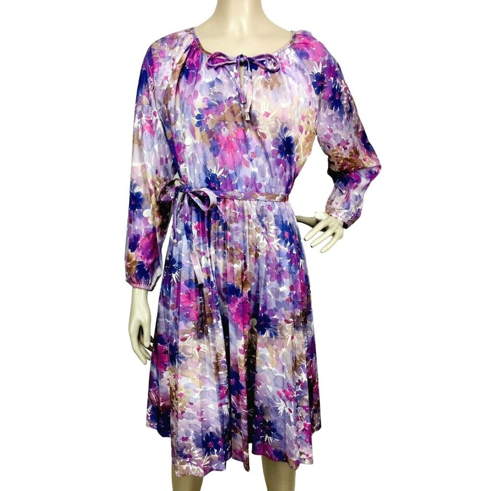 Vintage 60's/70's Purple Floral Balloon Sleeve Belted Peasant Dress Size…